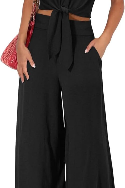 Women's V Neck Belted Crop Top Wide Leg Pant Set