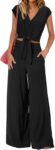 Women's V Neck Belted Crop Top Wide Leg Pant Set