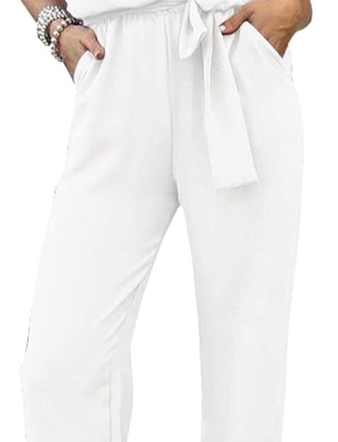 Women's Short Sleeve Wrap V Neck Belted Wide Leg Jumpsuit