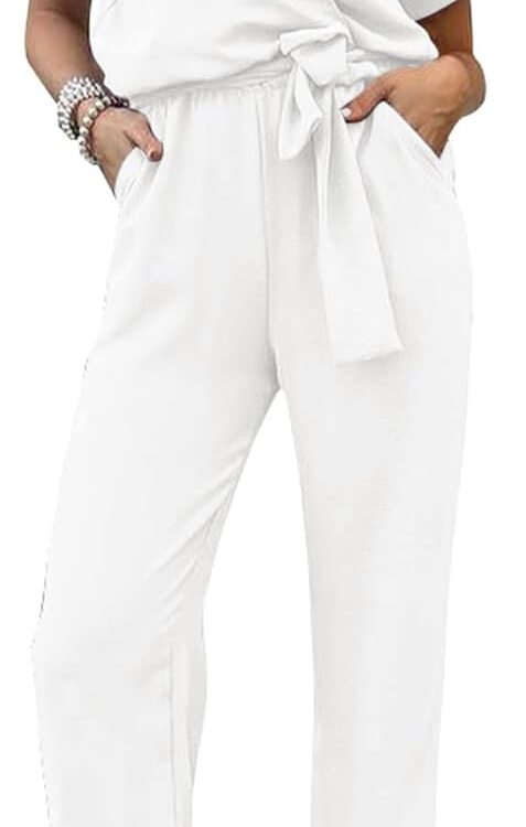 Women's Short Sleeve Wrap V Neck Belted Wide Leg Jumpsuit