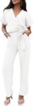 Women's Short Sleeve Wrap V Neck Belted Wide Leg Jumpsuit