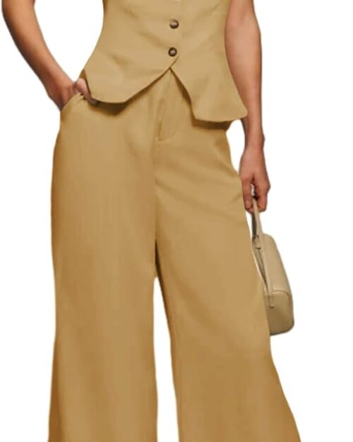Women's Button Crop Blazer Vest and Wide Leg Pant Set