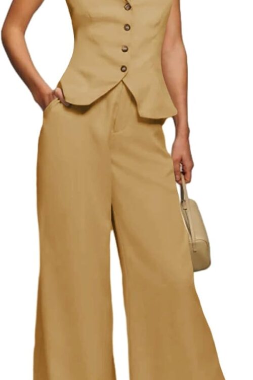 Women's Button Crop Blazer Vest and Wide Leg Pant Set