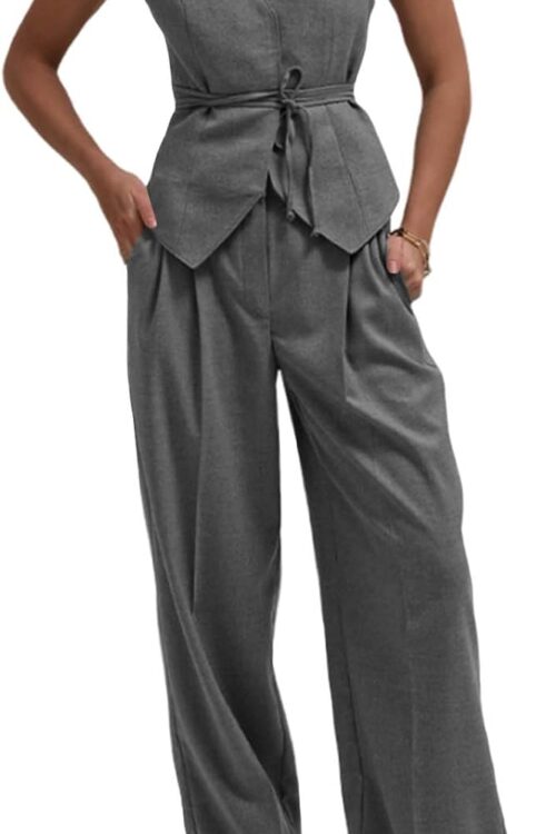 Women's V Neck Tie Waist Blazer Vest Wide Leg Pants Set
