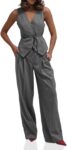 Women's V Neck Tie Waist Blazer Vest Wide Leg Pants Set