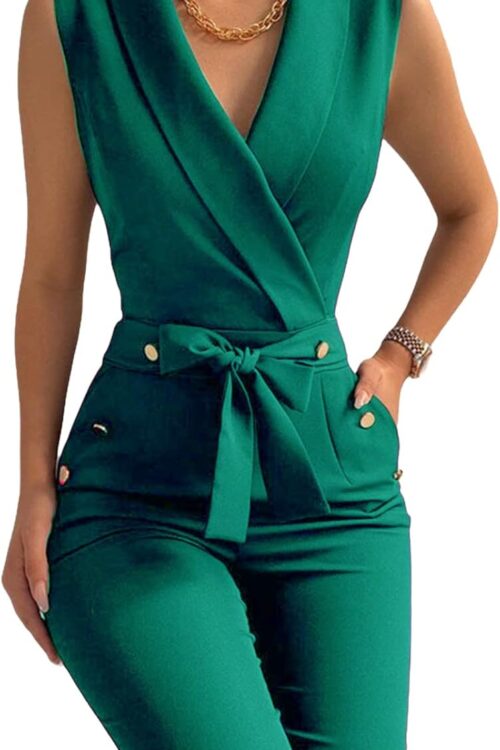 Women's V Neck Sleeveless Belted Wide Leg Jumpsuit with Pockets