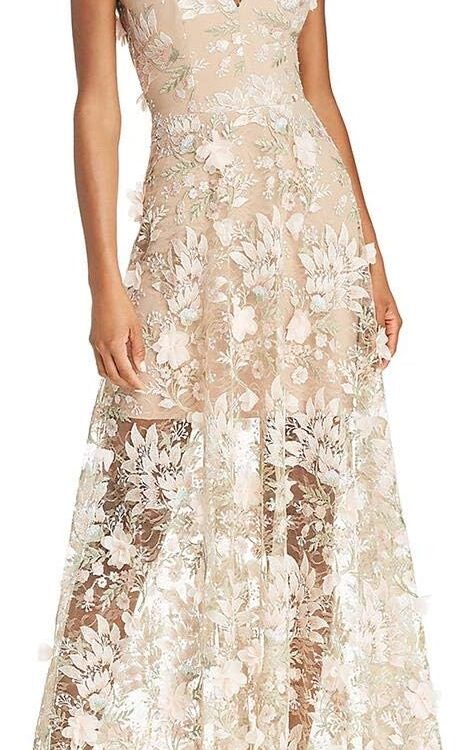 Women's Embellished Plunging Sleeveless Floral Long Dress