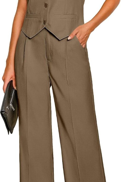 Women's Sleeveless Blazer Vest with High Rise Wide Leg Pants Set