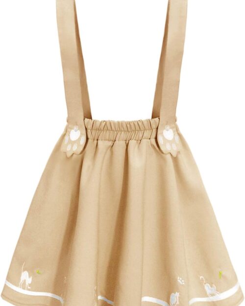 Women's Cat Paw Embroidery Pleated Suspender Mini Skirt