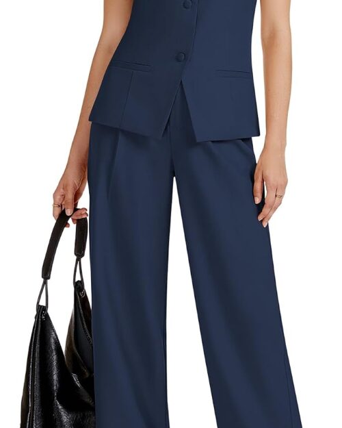 Women's Sleeveless Crewneck Vest Wide Leg Pantsuit Set