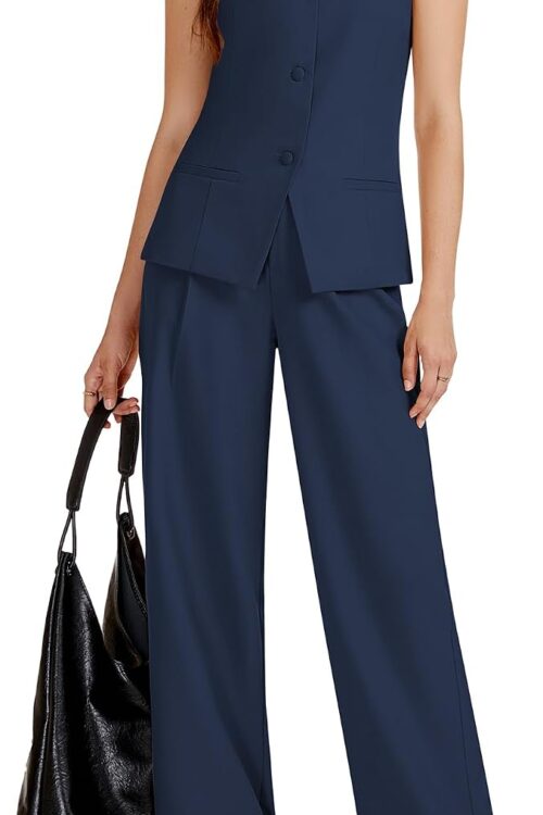 Women's Sleeveless Crewneck Vest Wide Leg Pantsuit Set