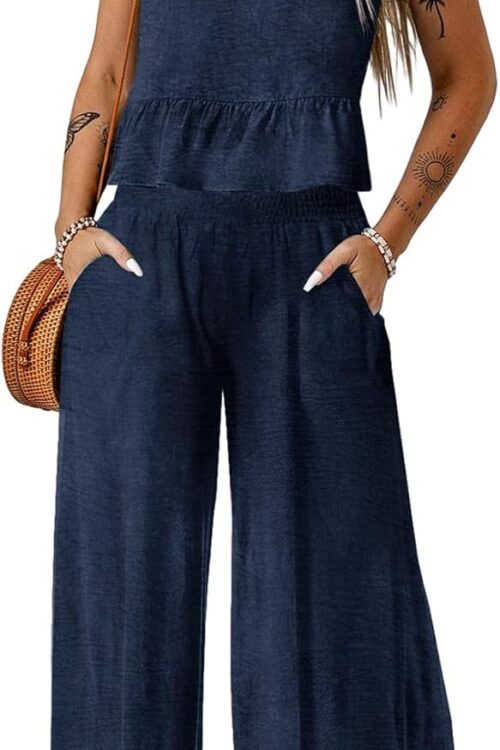 Women's Sleeveless Round Neck Tank Top Wide Leg Pant Set