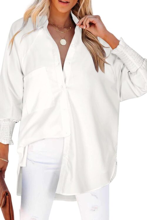 Women's Smocked Cuffed Striped Boyfriend Blouse