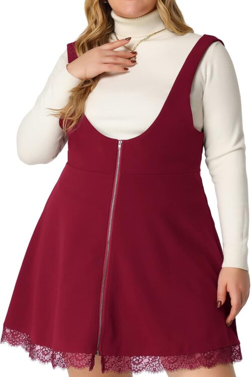 Plus Size Women's Lace Trim Zipper Front Suspender Skirt