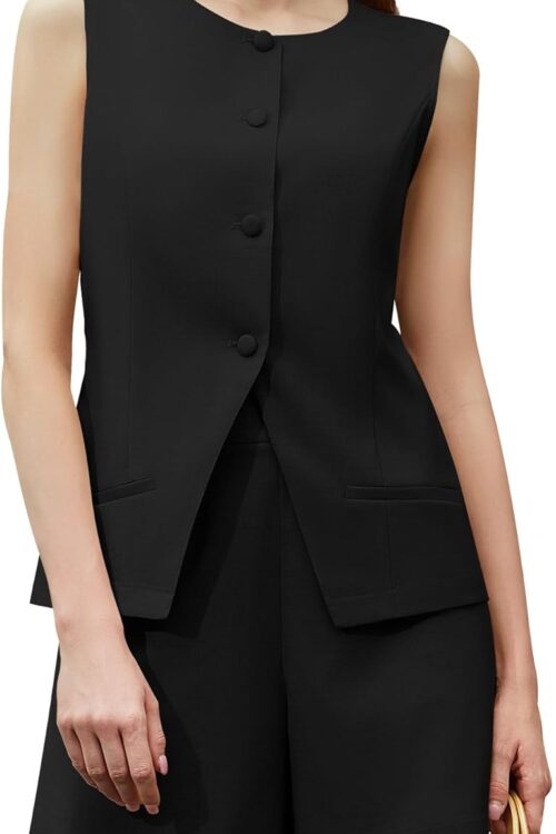 Women's Sleeveless Round Neck Button Down High Waisted Pants Set
