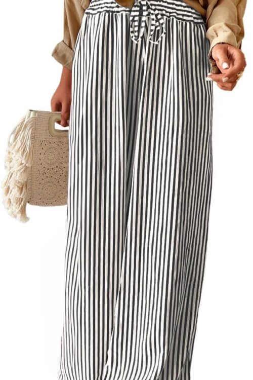 Women's Striped Drawstring Elastic Waist Wide Leg Pants