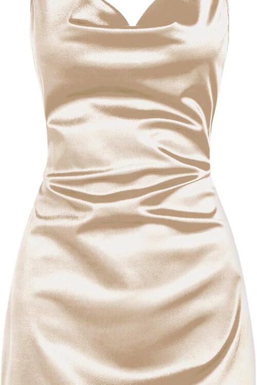 Women's Satin Spaghetti Strap Cowl Neck Mini Slip Dress