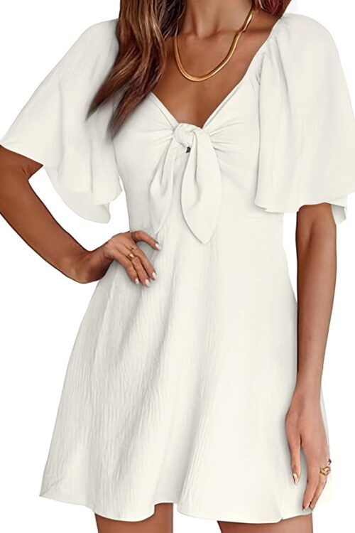 Women's Deep V Neck Bow Tie Mini Spring Dress