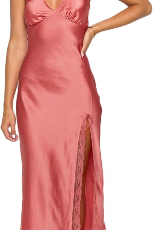 Women's Summer Satin Lace Backless Spaghetti Strap Maxi Dress
