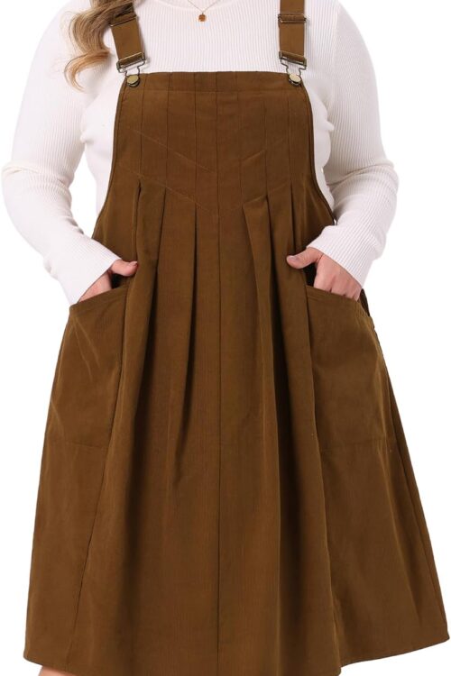 Plus Size Women's Corduroy Pleated Adjustable Strap Suspender Skirt