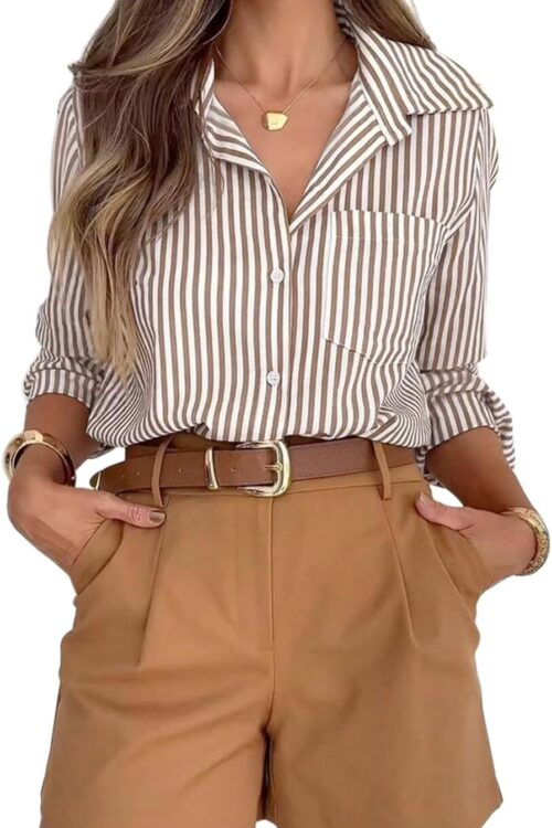 Women's Striped Button Down Work Shirt with Pocket