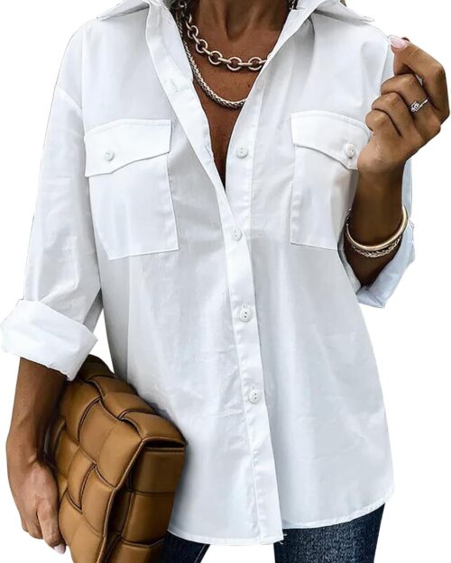 Women's Casual Drop Shoulder Long Sleeve Button Down Blouse