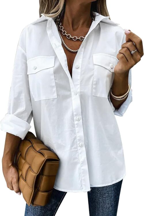 Women's Casual Drop Shoulder Long Sleeve Button Down Blouse