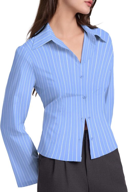 Women's Striped Flare Sleeve Button Down Work Blouse