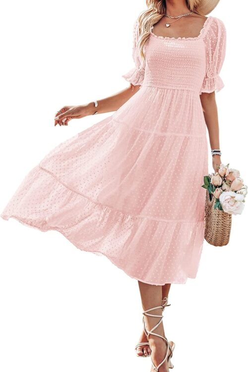 Women's Square Neck Puff Sleeve Swiss Dot Boho Midi Dress