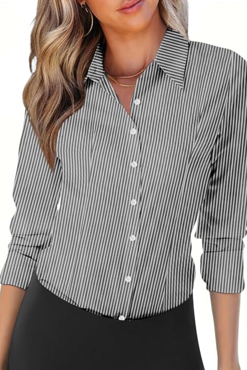 Women's V Neck Long Sleeve Wrinkle-Free Button Down Work Blouse