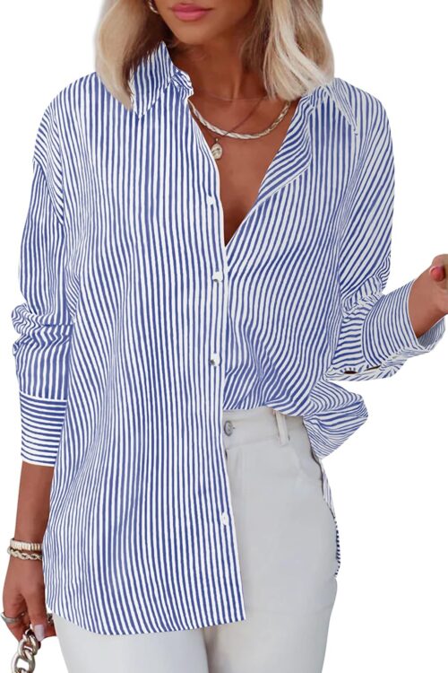 Women's Classic Striped Long Sleeve Collared Work Blouse