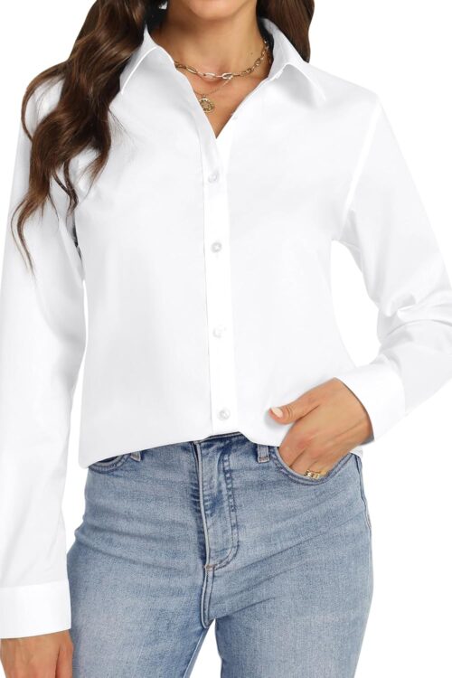 Women's Stretch Solid Long Sleeve Button Down Work Blouse
