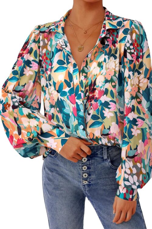 Women's Floral V Neck Long Sleeve Boho Button Down Blouse