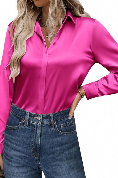 Women's Casual Satin Long Sleeve Button Down Blouse